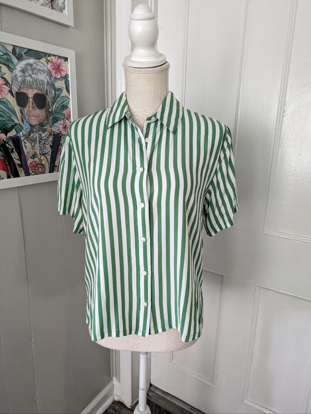 Jane Delancey Green White Striped Button‎ Up Shirt Oversized Small Boxy Relaxed